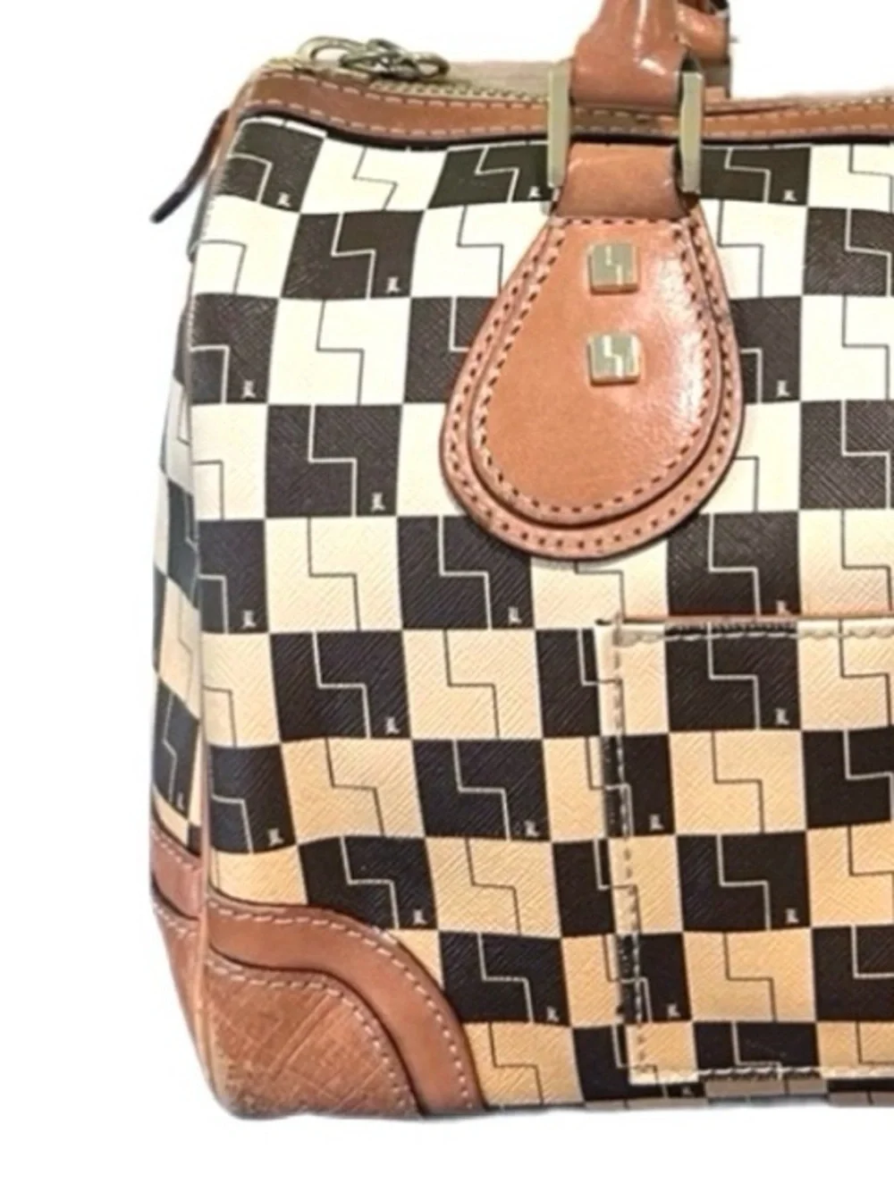 L.A.M.B. ~ Gwen Stefani Monogram Satchel Signature Print Brown Tan Leather - Picture 11 of 16